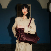 AUGUST NIGHT FRILL SHOPPER IN BITTER CHOCOLATE SATIN