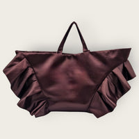 AUGUST NIGHT FRILL SHOPPER IN BITTER CHOCOLATE SATIN