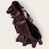 AUGUST NIGHT FRILL SHOPPER IN BITTER CHOCOLATE SATIN