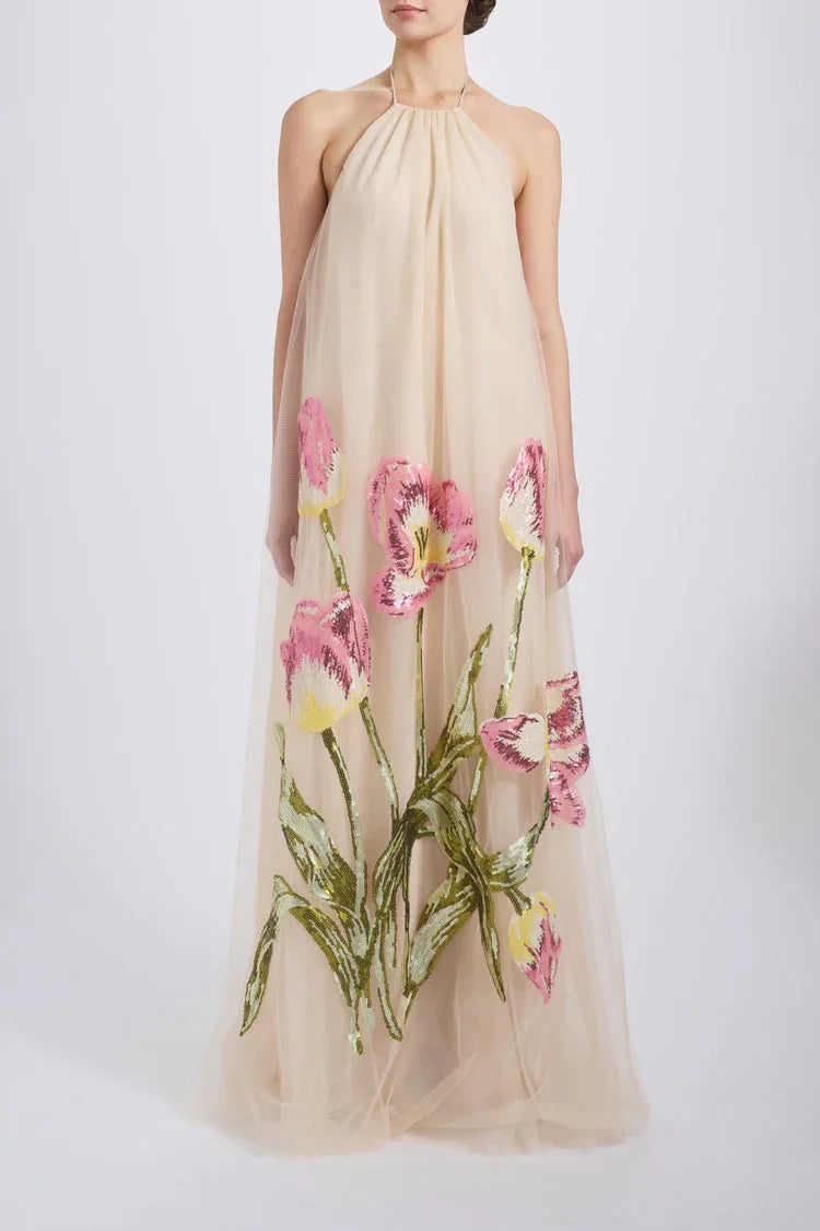 AMSALE TULIP SEQUIN APPLIQUE HALTER DRESS IN CHAMPAGNE