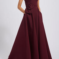 AMSALE FAILLE GOWN WITH ASYMMETRIC BODICE IN RUBY