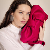 AUGUST NIGHT BOW CLUTCH IN FUSCHIA SATIN