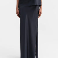 AHLVAR GALLERY HANA LONG LOGO SATIN SKIRT IN BLUE GREY