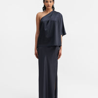 AHLVAR GALLERY HANA LONG LOGO SATIN SKIRT IN BLUE GREY