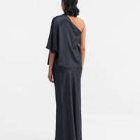 AHLVAR GALLERY HANA LONG LOGO SATIN SKIRT IN BLUE GREY