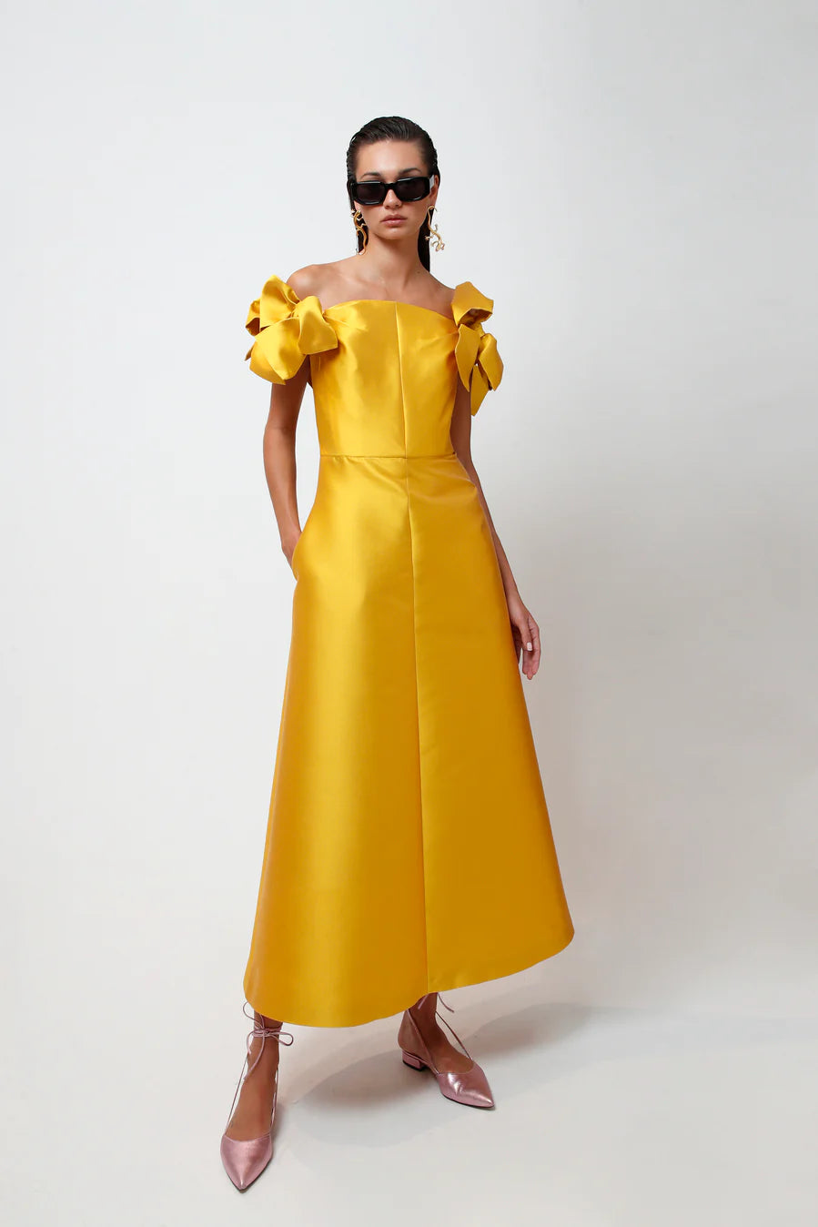 THE 2ND SKIN OFF THE SHOULDER DRESS WITH BOWS. Available in two colours - yellow and pink