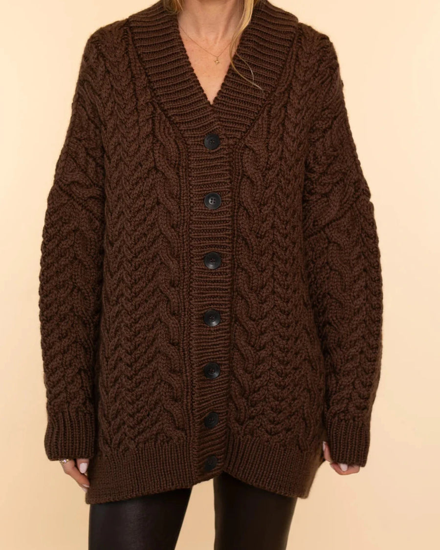 MR MITTENS CHUNKY CABLE KNIT CARDIGAN IN COCO BROWN