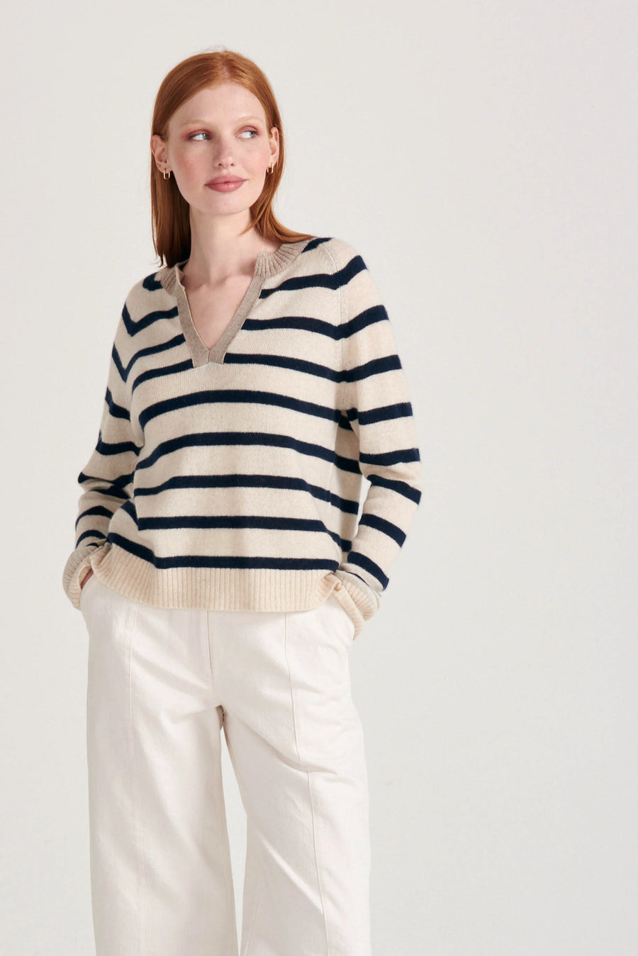 JUMPER 1234 CASHMERE STRIPE OPEN COLLAR IN OATMEAL AND NAVY