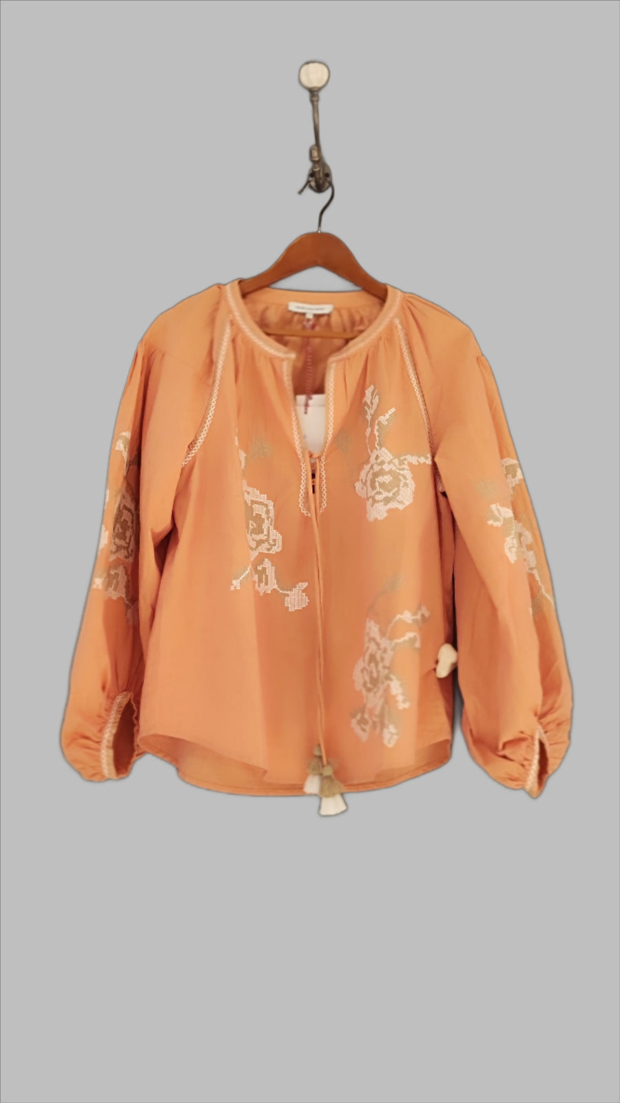 ROSE AND ROSE MALCASIN APRICOT TOP WITH CREAM/TAN FLORAL EMBROIDERY DETAIL
