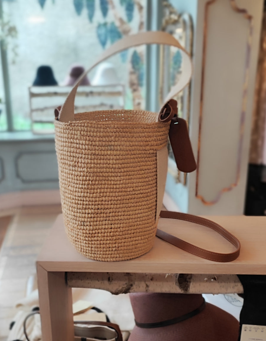 CATARZI RAFFIA CROCHET BASKET WITH CANVAS HANDLE AND TAN LEATHER SHOULDER STRAP