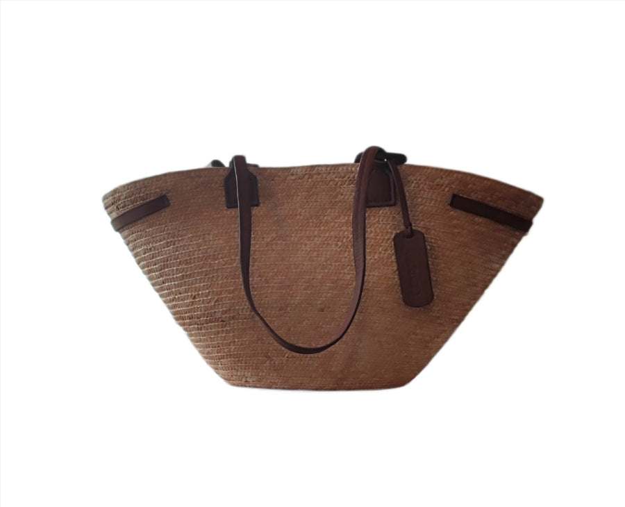 CATARZI NATURAL STRAW BRAID BAG WITH DOUBLE HANDLES AND TAN LEATHER DETAIL