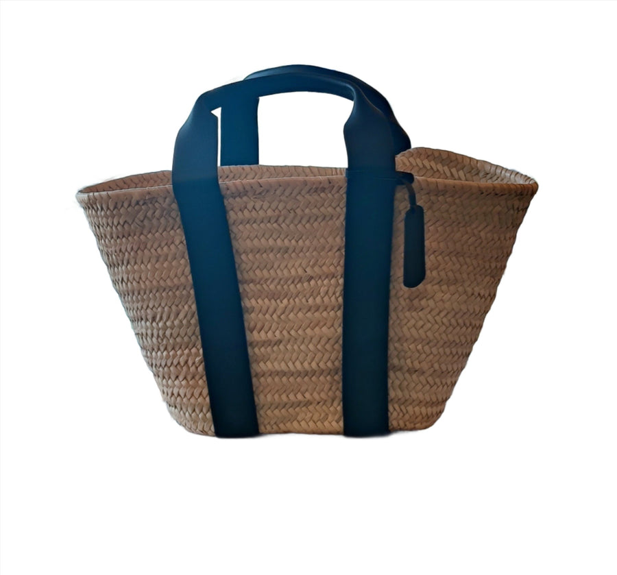 CATARZI LARGE BASKET IN PALMA WITH LARGE BLACK SHOULDER HANDLES AND LEATHER DETAILS