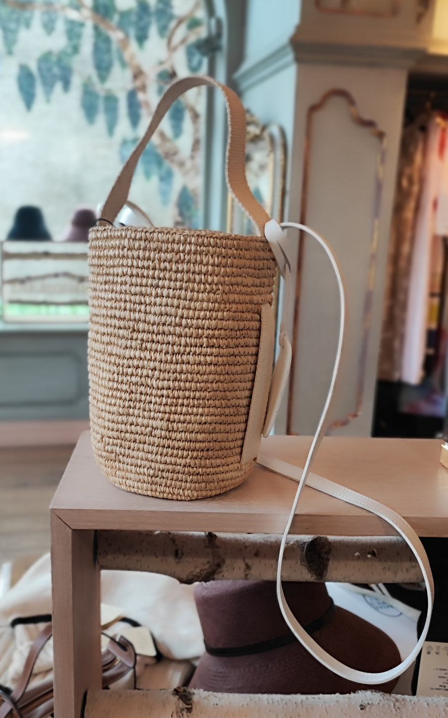 CATARZI RAFFIA CROCHET BASKET WITH CANVAS HANDLE AND WHITE LEATHER SHOULDER STRAP