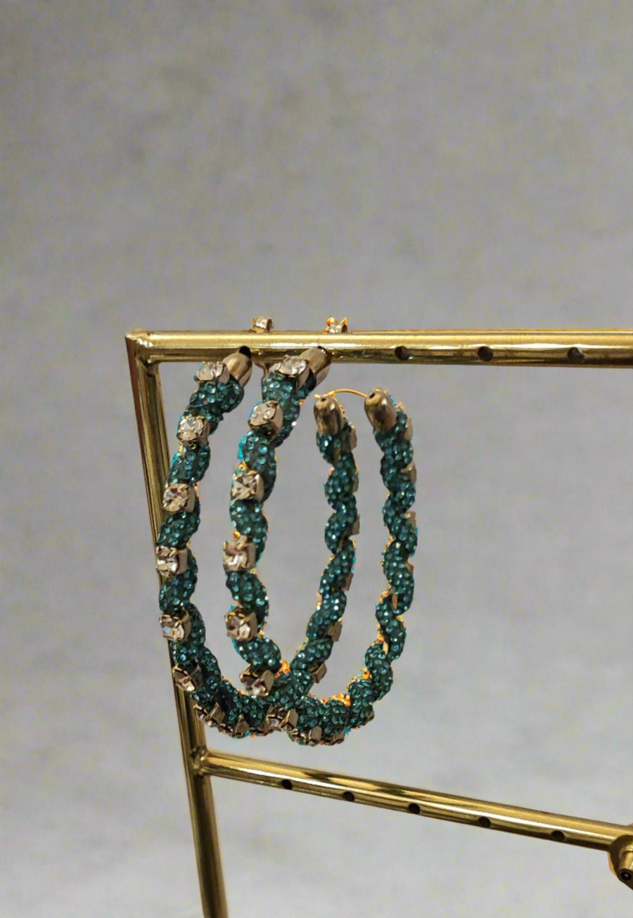 ROSANTICA TURQUOISE/GOLD CRYSTAL EMBELLISHED LARGE HOOP EARRINGS