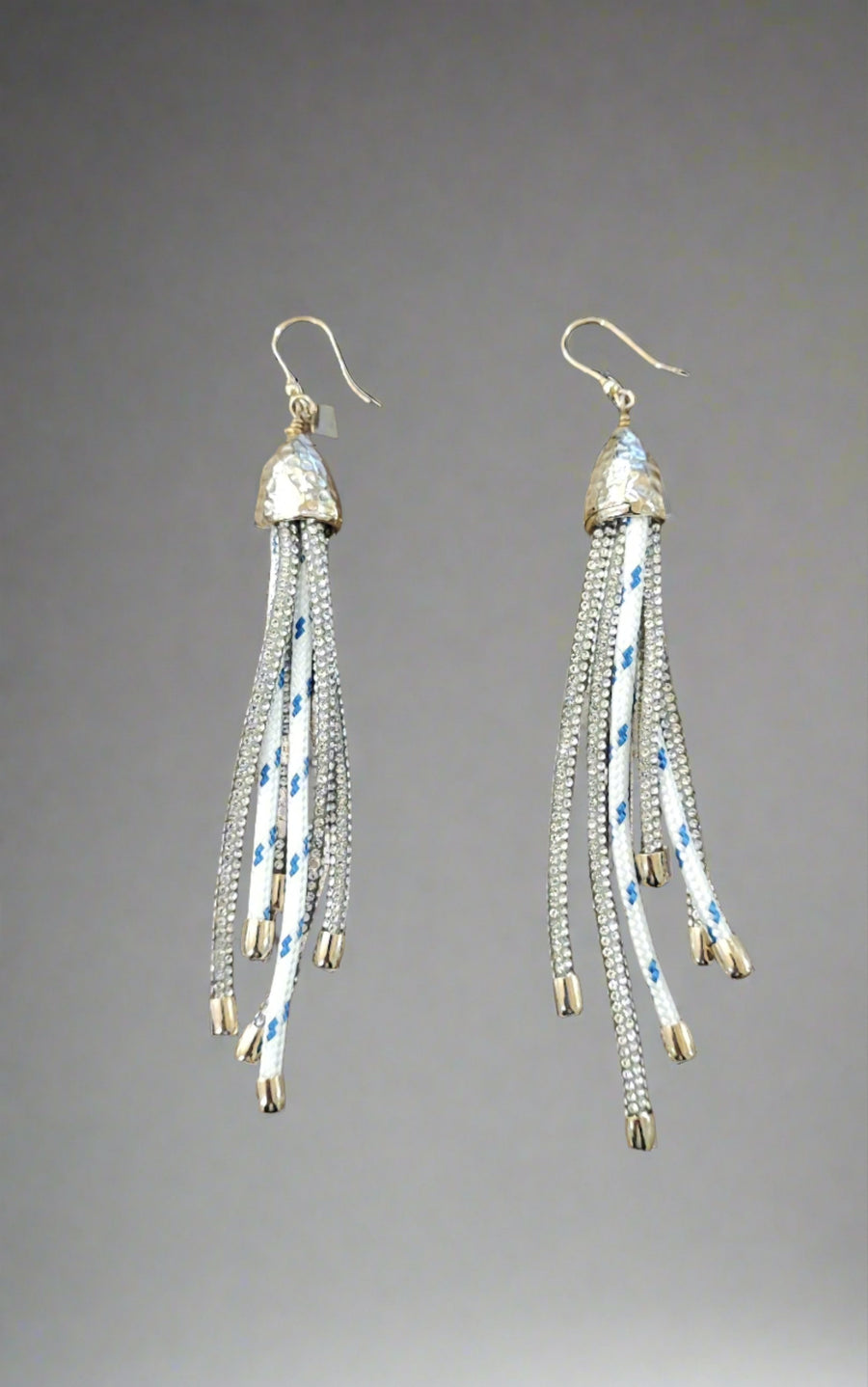 ROSANTICA LONG CRYSTAL EMBELLISHED TASSEL EARRINGS IN SILVER/WHITE