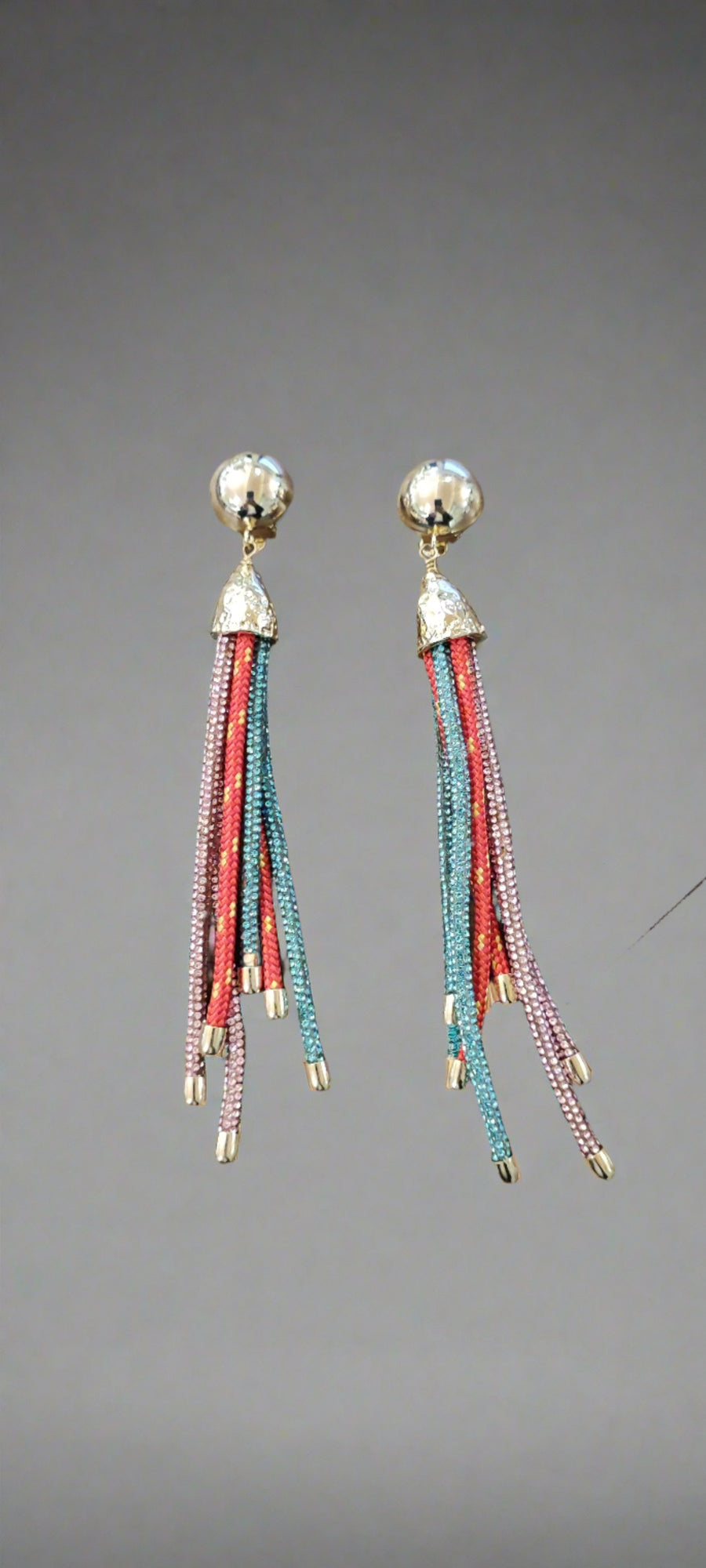 ROSANTICA LONG CRYSTAL EMBELLISHED TASSEL CLIP-ON EARRINGS IN PINK/BLUE