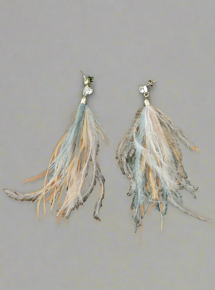 ROSANTICA LONG FEATHER TASSEL EARRINGS IN LIGHT BLUE/PINK