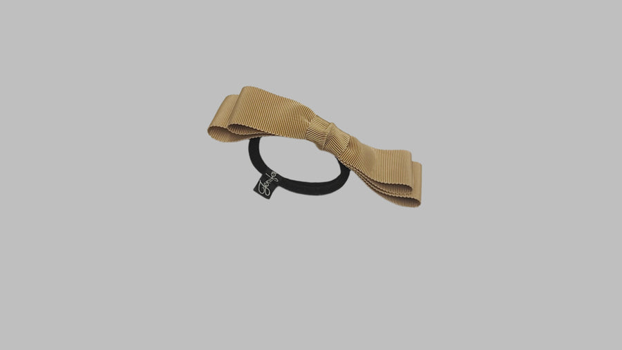 JENNIFER OUELLETTE GROSGRAIN DOUBLE BOW PONYTAIL HOLDER IN TAUPE