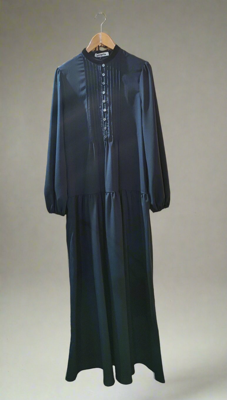 VIVETTA LONG BLACK CHIFFON DRESS WITH FRONT BUTTONS