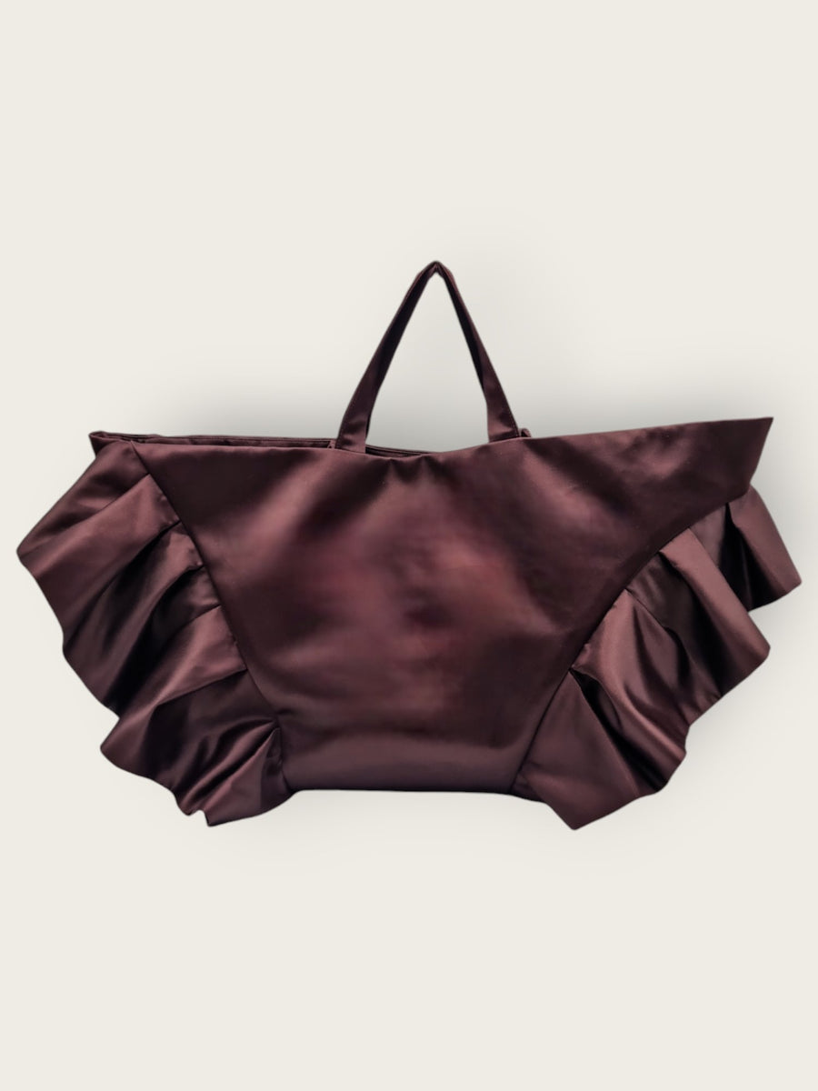 AUGUST NIGHT FRILL SHOPPER IN BITTER CHOCOLATE SATIN