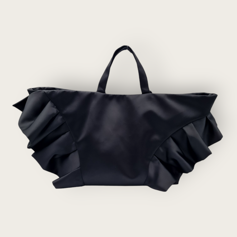 AUGUST NIGHT FRILL SHOPPER IN BLACK SATIN