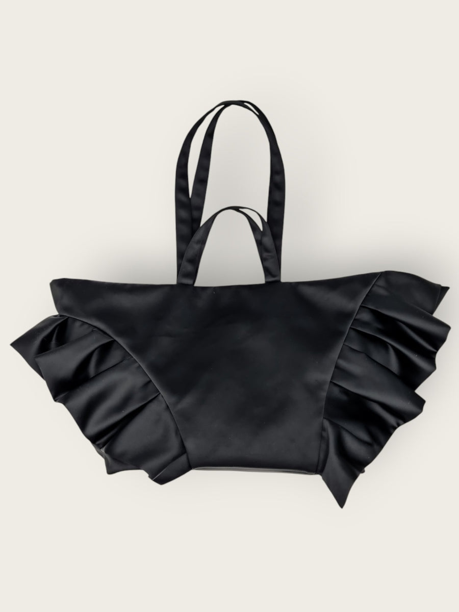 AUGUST NIGHT FRILL SHOPPER IN BLACK SATIN