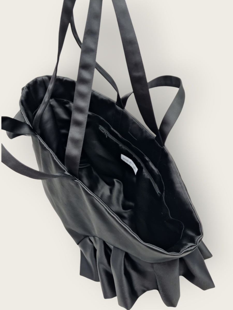 AUGUST NIGHT FRILL SHOPPER IN BLACK SATIN