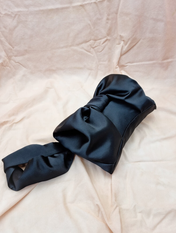 AUGUST NIGHT BOW CLUTCH IN BLACK SATIN
