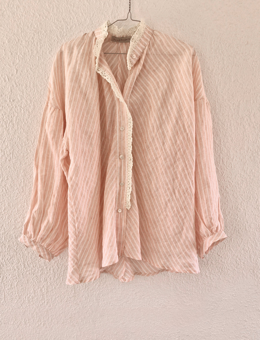 CLARAMONTE PINK/OFF-WHITE LINEN STRIPED BLOUSE WITH LACE TRIM DETAIL