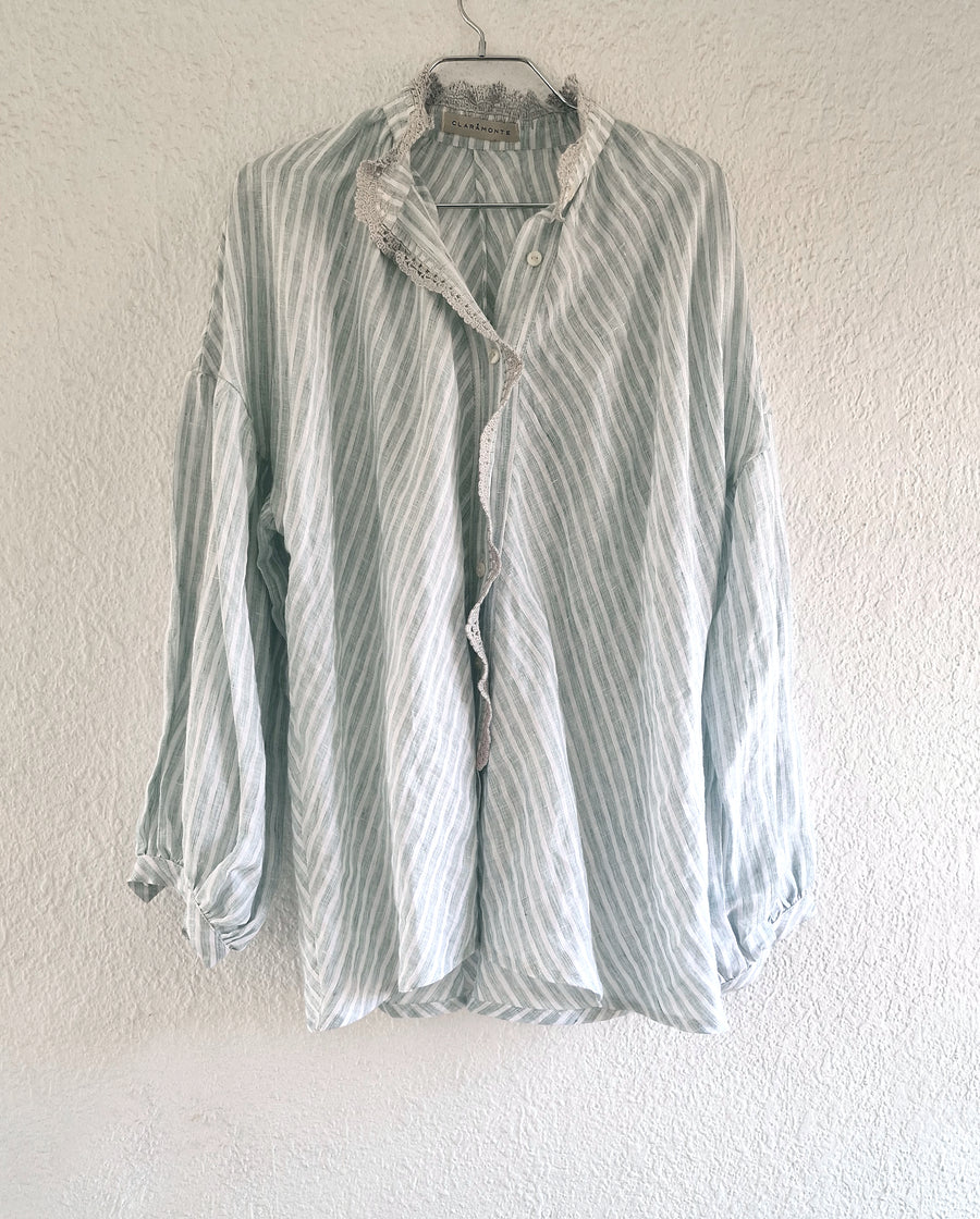 CLARAMONTE LIGHT GREEN/OFF-WHITE LINEN STRIPED BLOUSE WITH LACE TRIM DETAIL