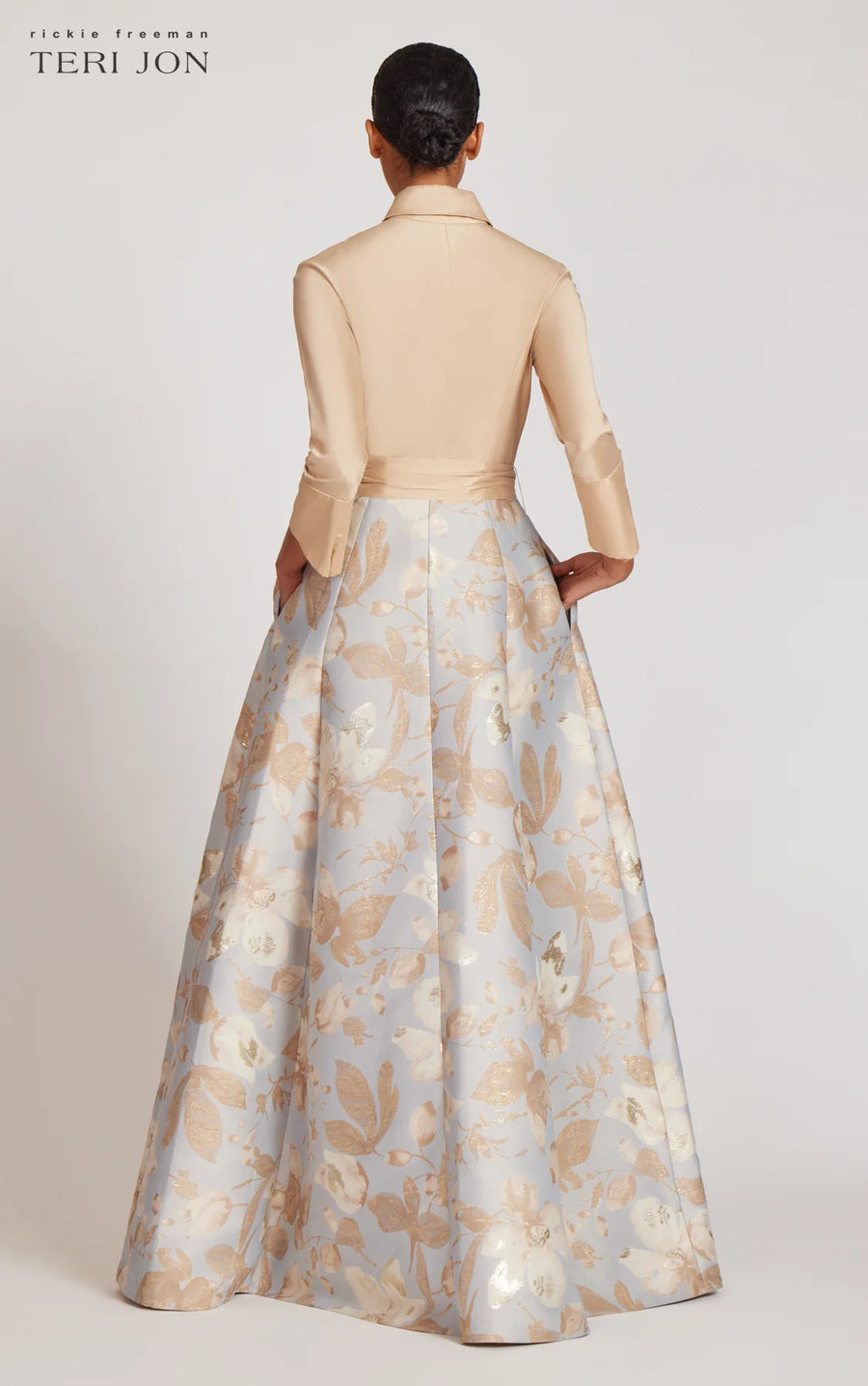 TERI JON TEFFETA SHIRT GOWN WITH JACQUARD FLORAL SKIRT IN GOLD