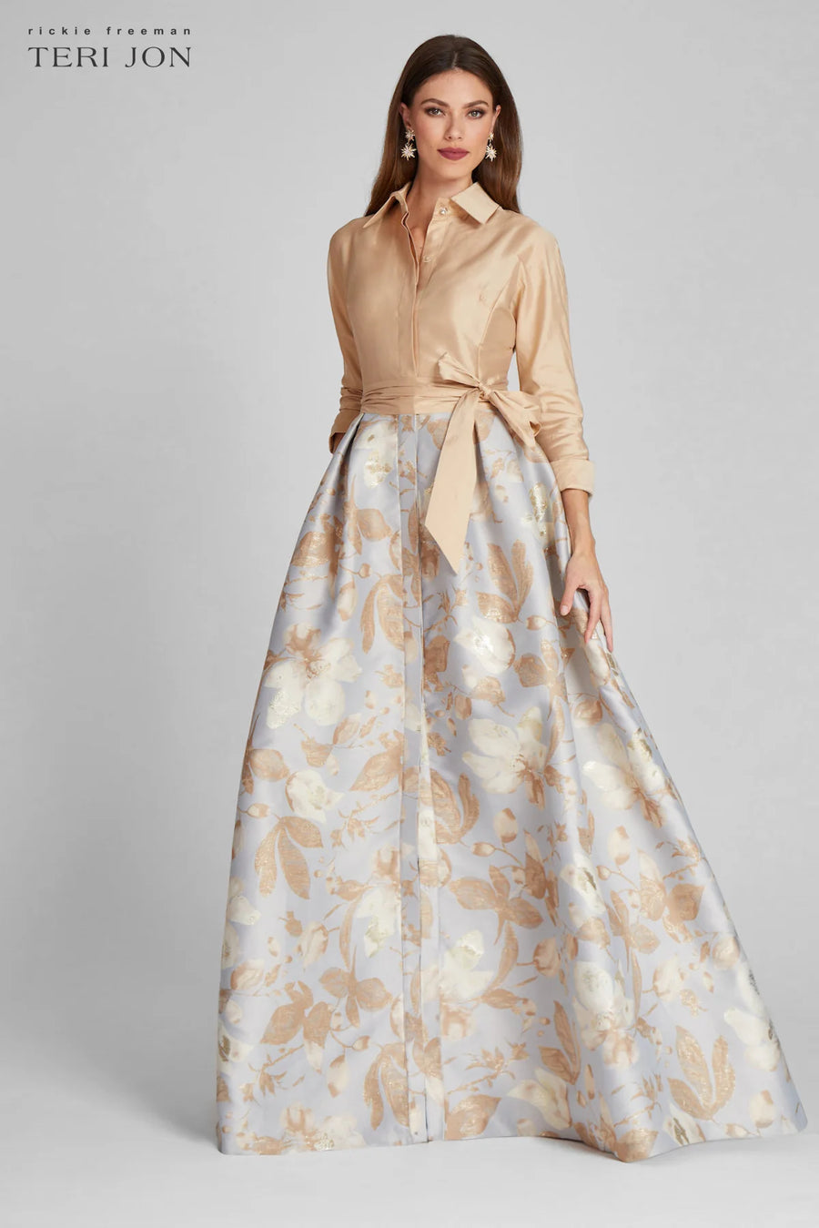 TERI JON TEFFETA SHIRT GOWN WITH JACQUARD FLORAL SKIRT IN GOLD