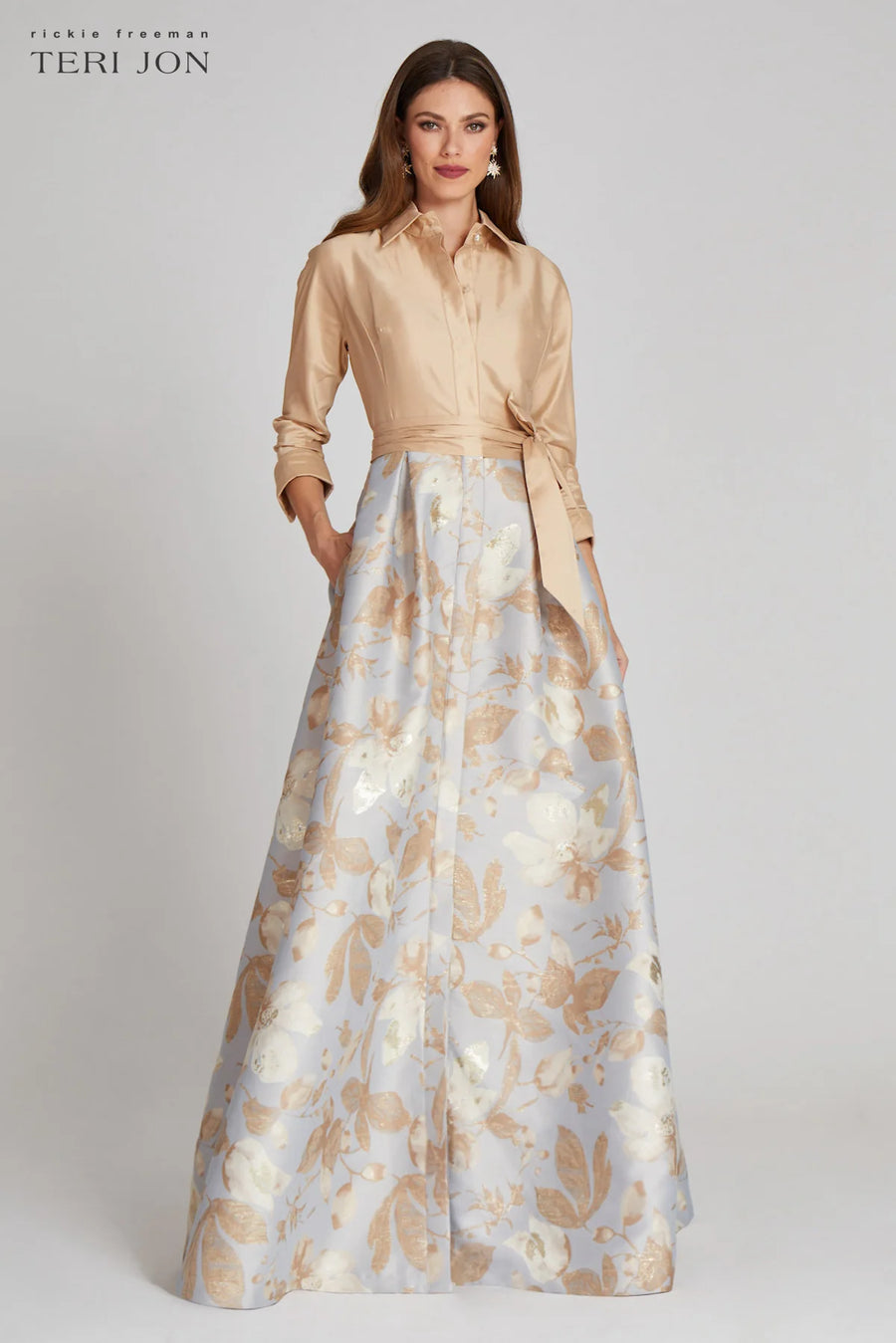 TERI JON TEFFETA SHIRT GOWN WITH JACQUARD FLORAL SKIRT IN GOLD