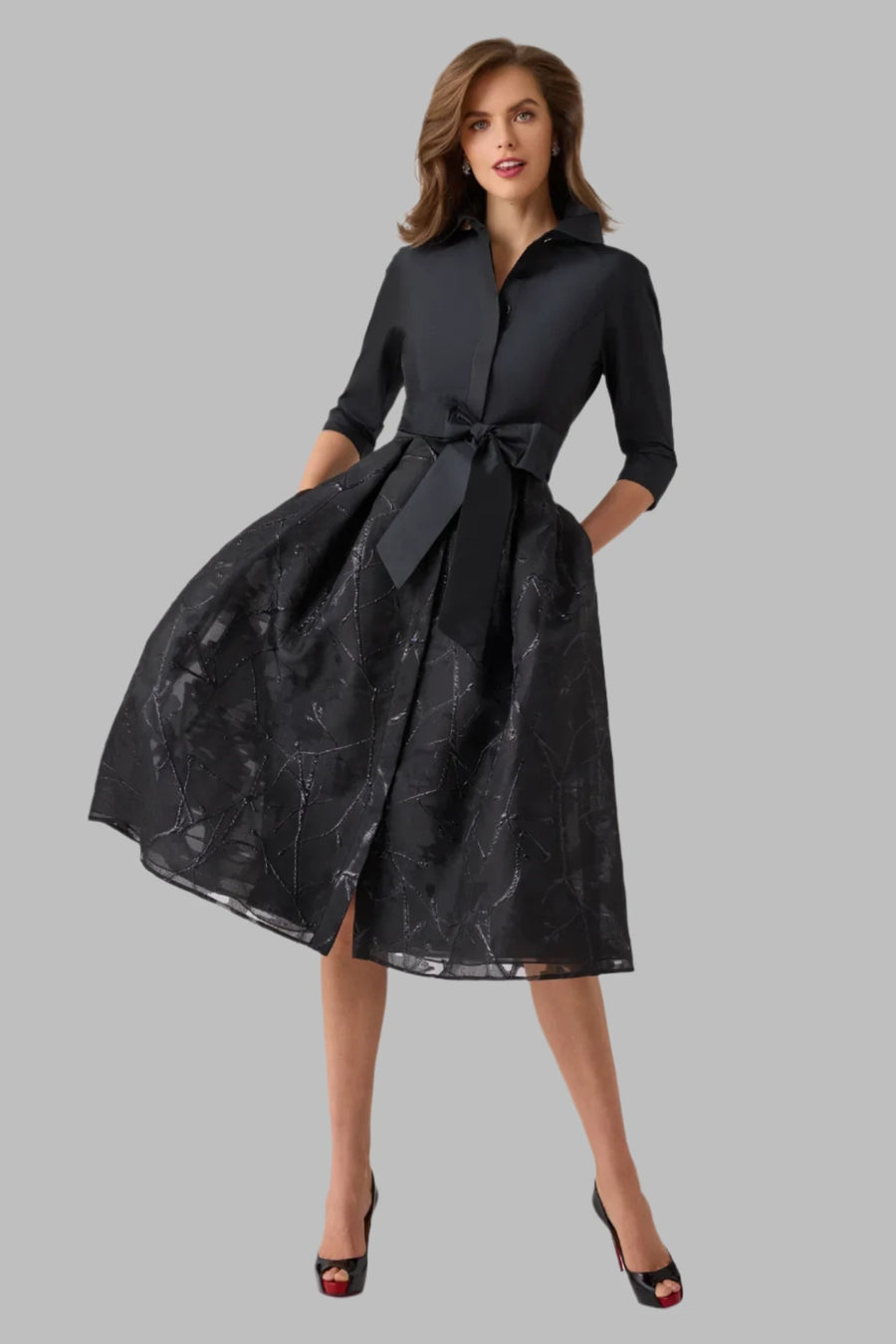 TERI JON TAFFETA & JACQUARD SHIRT WAIST DRESS