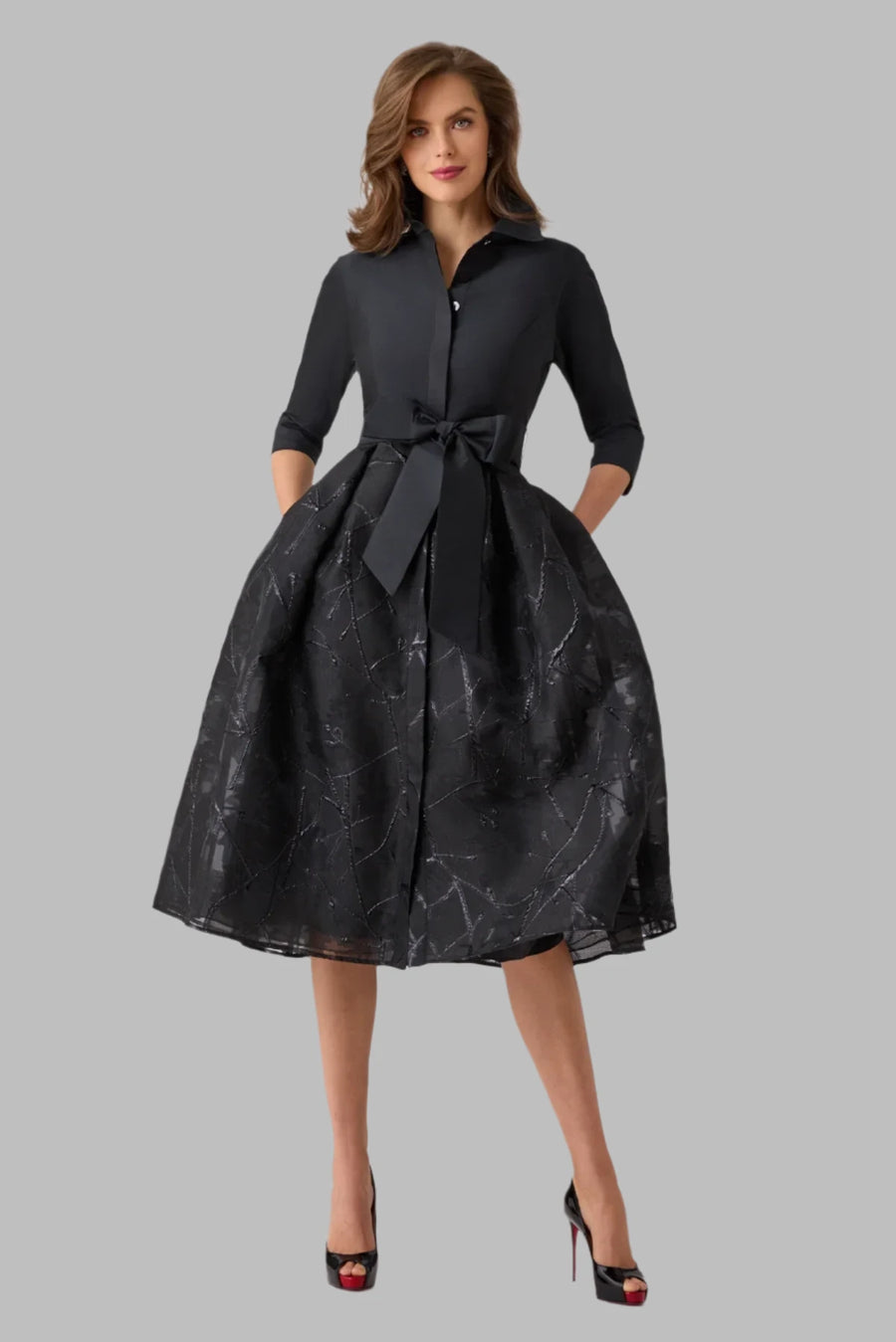 TERI JON TAFFETA & JACQUARD SHIRT WAIST DRESS