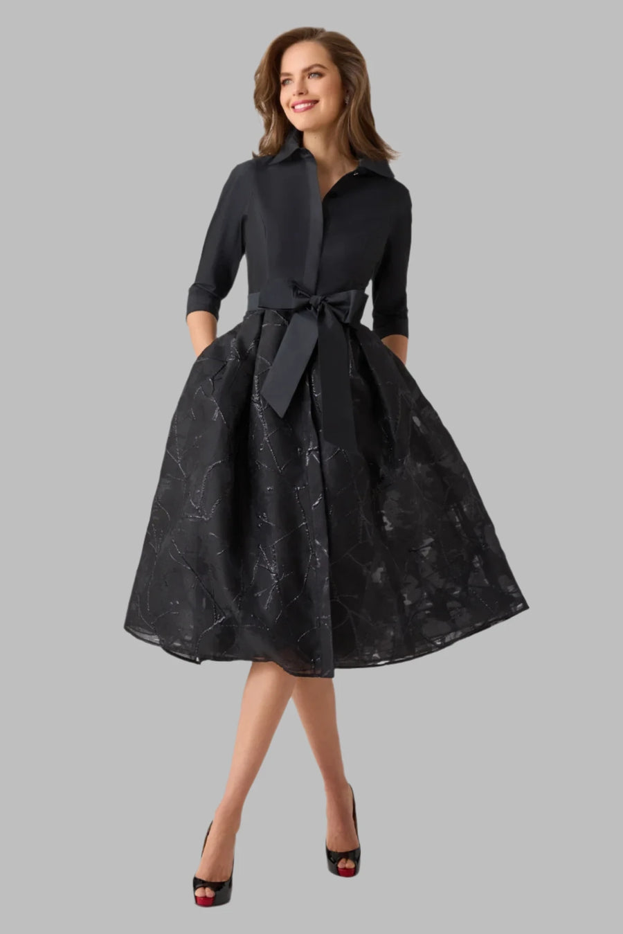 TERI JON TAFFETA & JACQUARD SHIRT WAIST DRESS