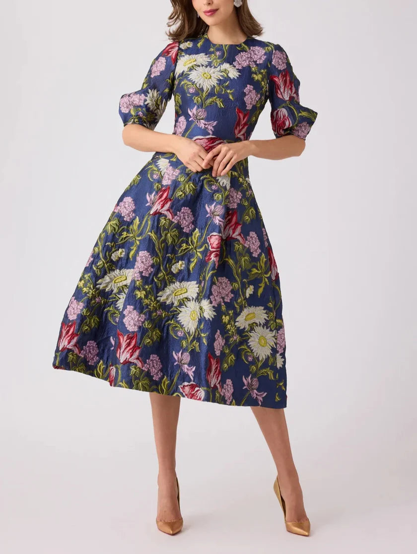 TERI JON JACQUARD FLORAL DROP WAIST COCKTAIL DRESS