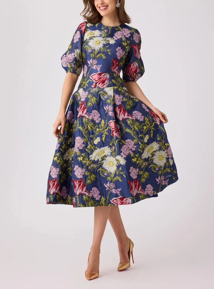 TERI JON JACQUARD FLORAL DROP WAIST COCKTAIL DRESS