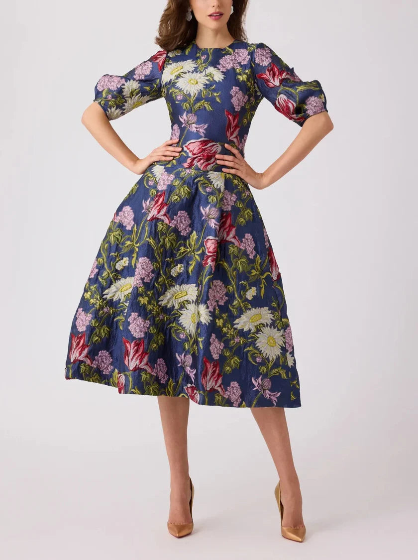 TERI JON JACQUARD FLORAL DROP WAIST COCKTAIL DRESS