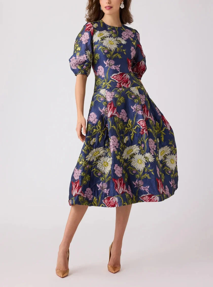 TERI JON JACQUARD FLORAL DROP WAIST COCKTAIL DRESS