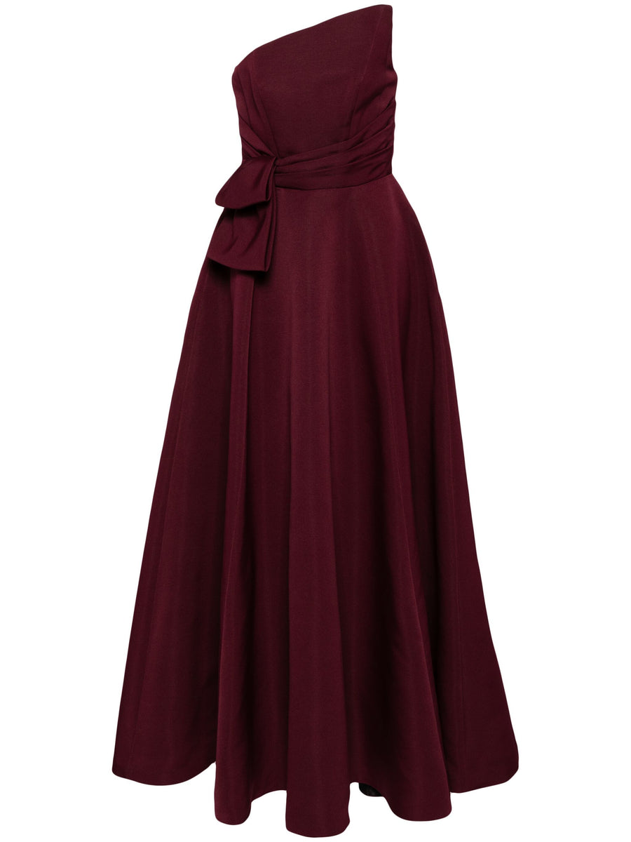 AMSALE FAILLE GOWN WITH ASYMMETRIC BODICE IN RUBY