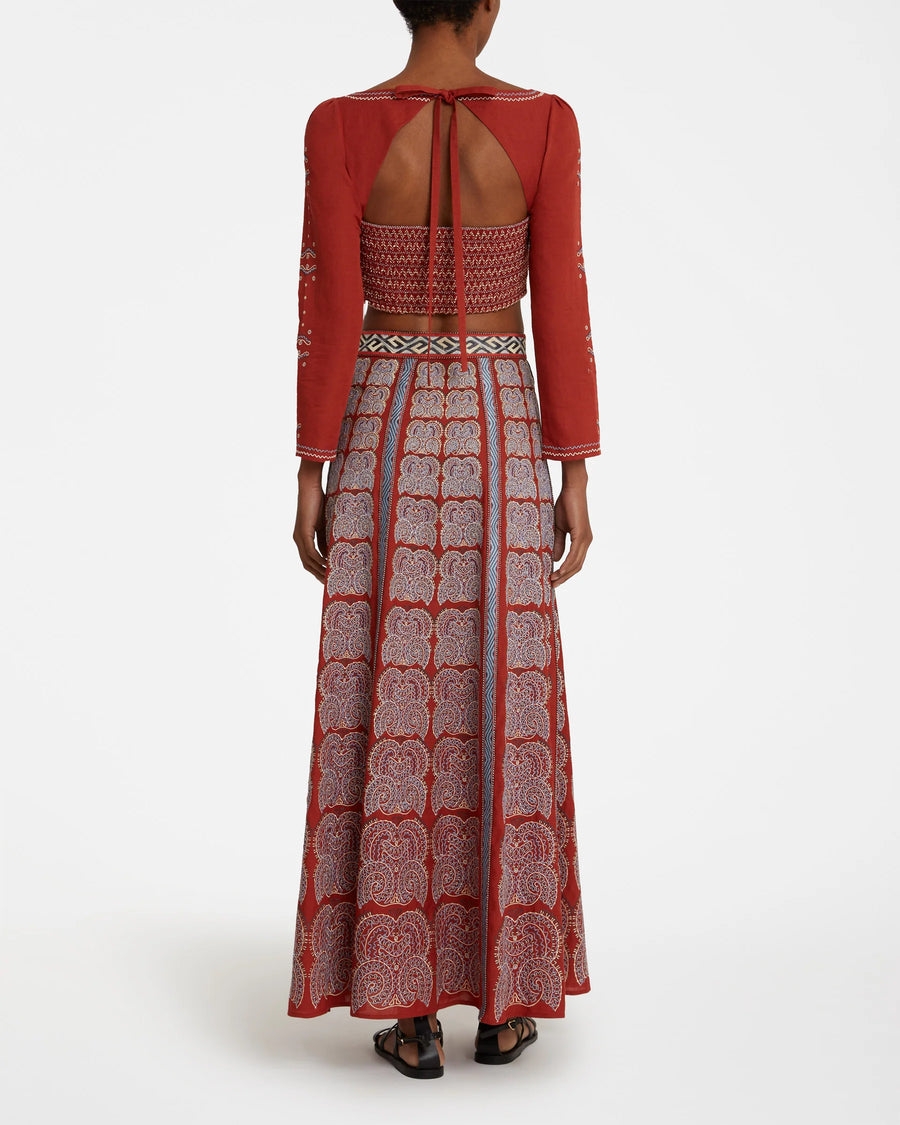 EMPORIO SIRENUSE CAMILLE SKIRT WITH KARABUK EMBROIDERY - RED EARTH