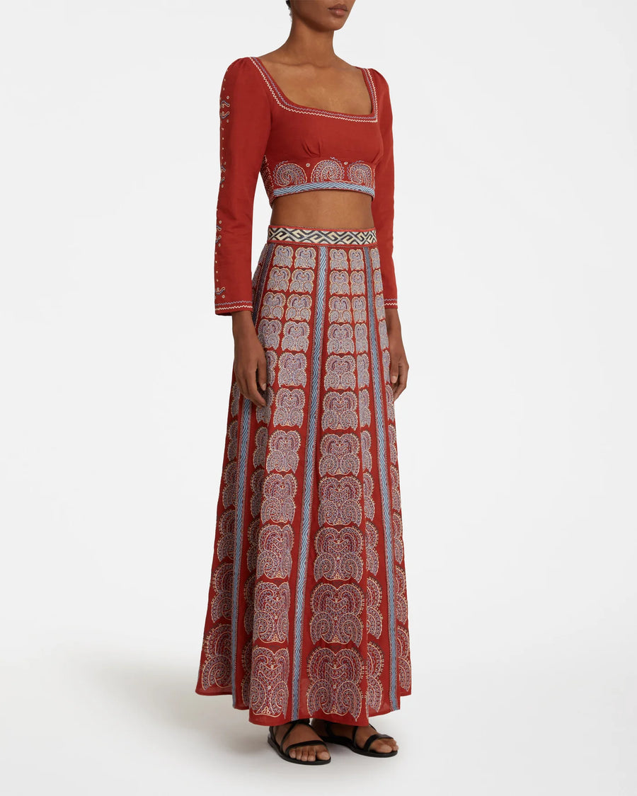 EMPORIO SIRENUSE CAMILLE SKIRT WITH KARABUK EMBROIDERY - RED EARTH