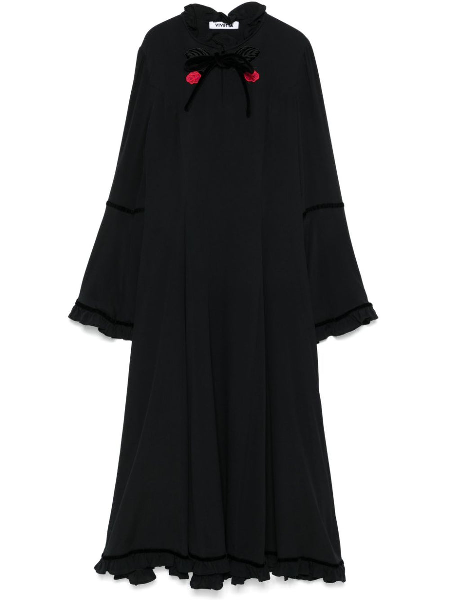 VIVETTA LONG  BLACK CHIFFON DRESS WITH RED FLOWER DETAIL