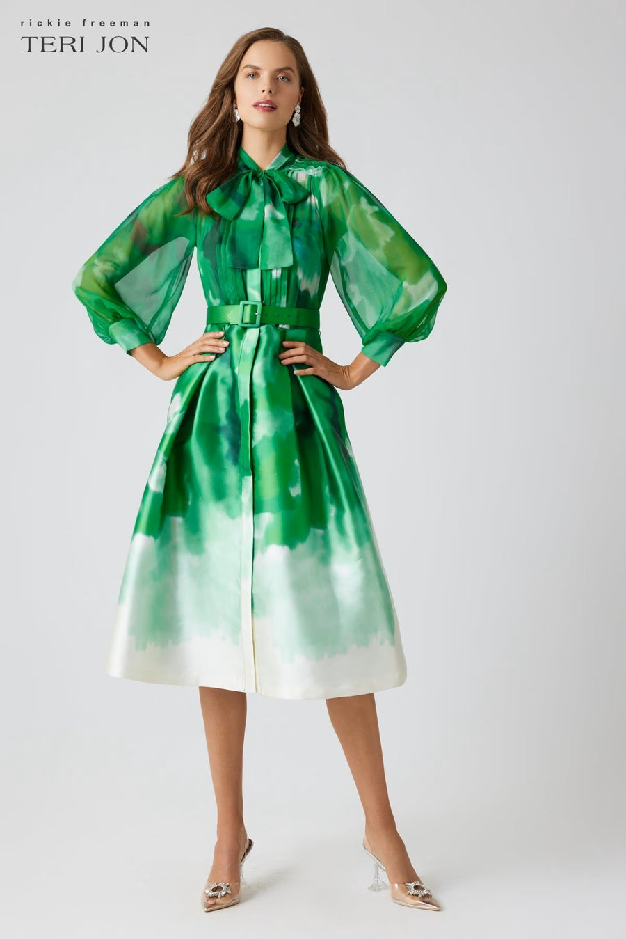 TERI JON CHIFFON-MIKADO TIE-NECK DRESS WITH TUCK-PLEAT TOP