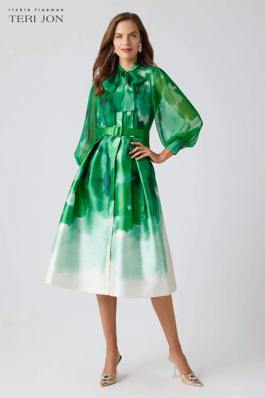 TERI JON CHIFFON-MIKADO TIE-NECK DRESS WITH TUCK-PLEAT TOP