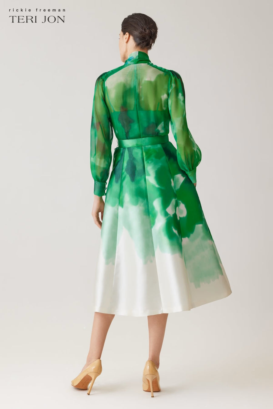 TERI JON CHIFFON-MIKADO TIE-NECK DRESS WITH TUCK-PLEAT TOP