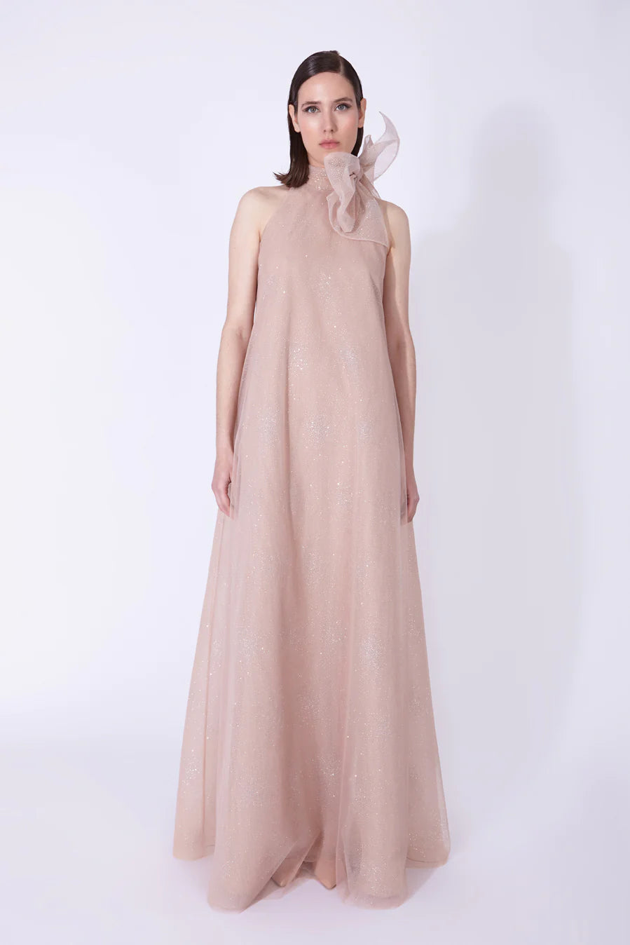 THE 2ND SKIN HALTER NECK GLITTER GOWN IN NUDE