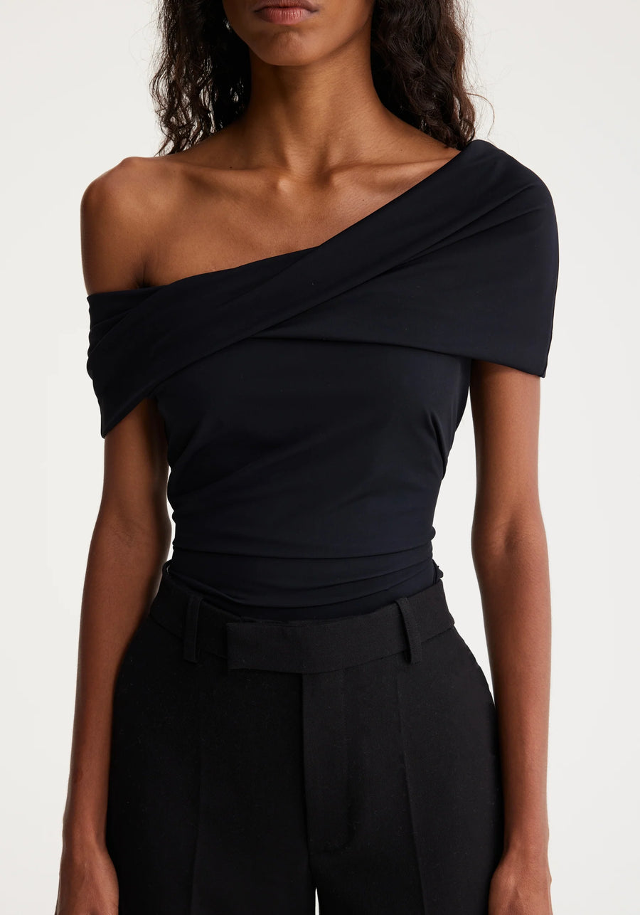ROHE ASYMMETRICAL OFF SHOULDER TOP IN BLACK