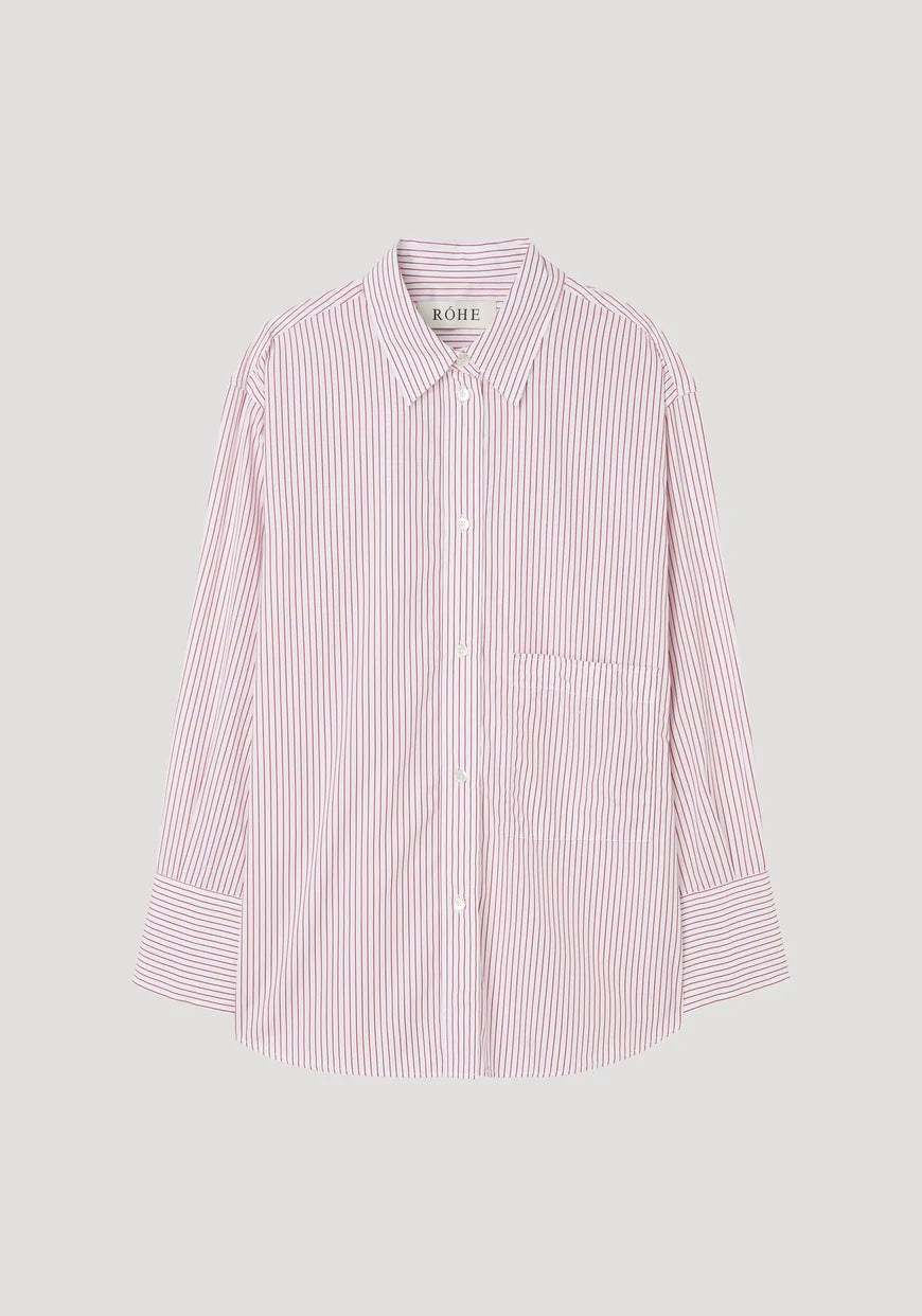 ROHE SHIRT WITH LARGE CUFFS AND FRAYING DETAILS IN WHITE/PORT STRIPE